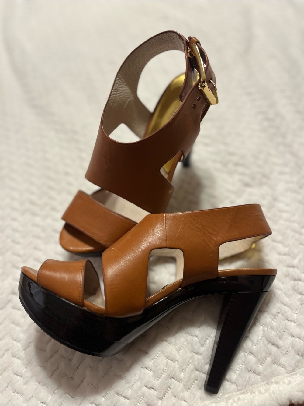 Michael Kors Tan Brown Leather High Heel Sandals with Gold Buckle